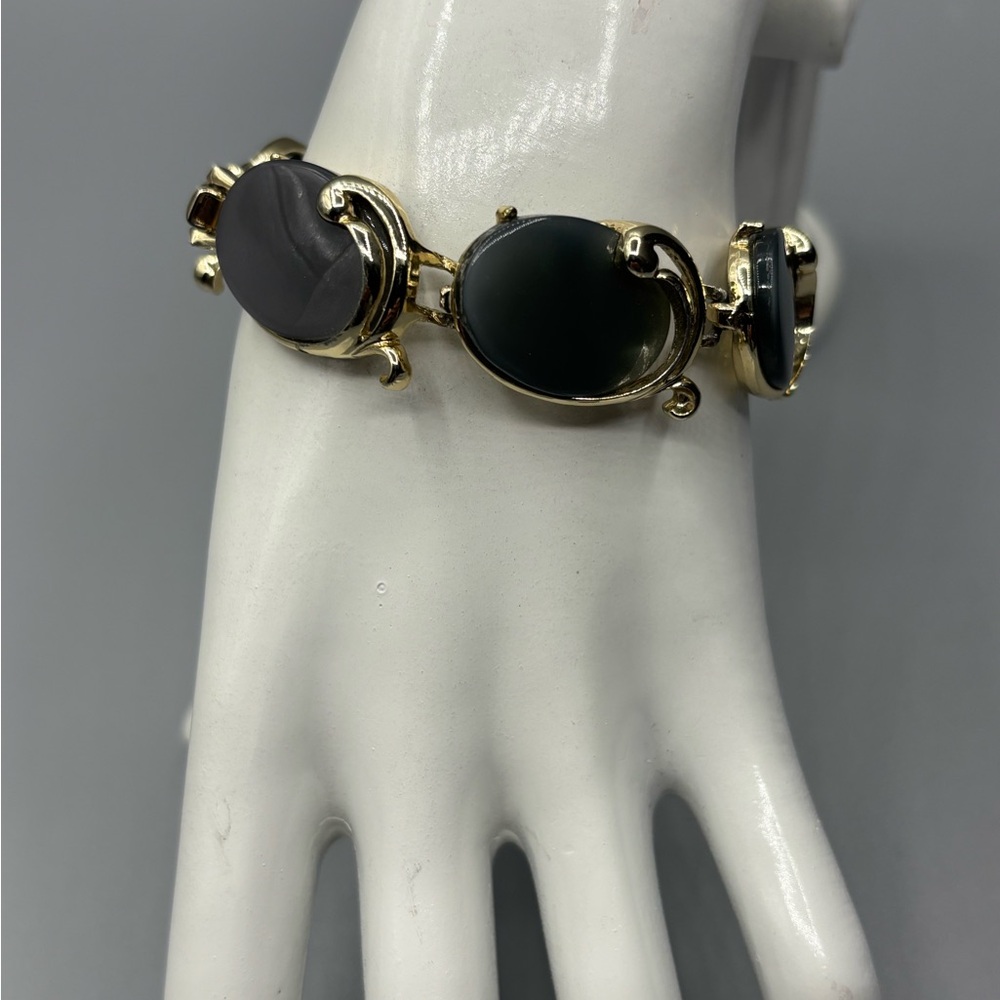 Vintage Grey and Gold Tone Thermoset Linked Bracelet JP109